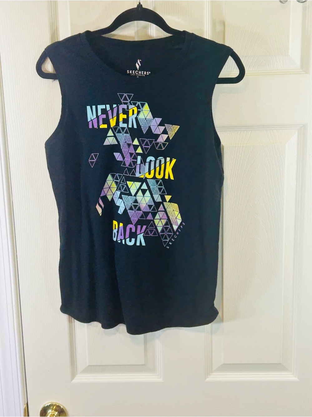 Skechers Black Muscle Tank with Colorful Geometric 'Never Look Back' Graphic